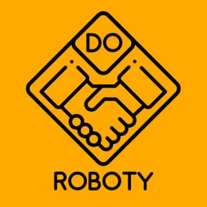 Logotyp w kształcie rombu konta na Youtube Do roboty, które prze3dstawia dwie podane sobie dłonie na pomarańczowym tle