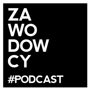 Logo podcastów o zawodach. Białe napisy ZAWODOWCY #PODCAST jest na czarnym tle.