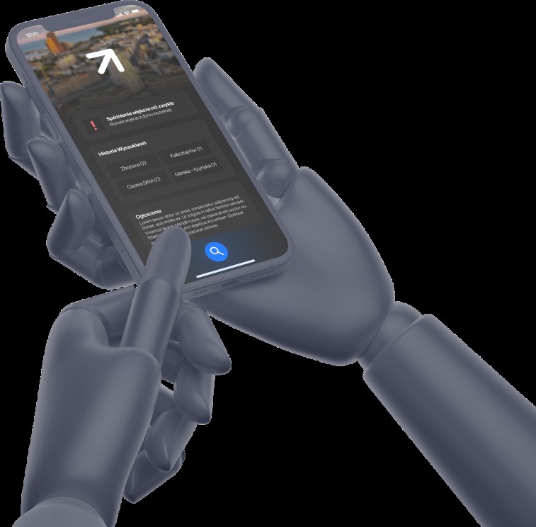 Na zdjęciu znajduje się prototyp ludzkiej dłoni, na czarnym tle, który trzyma urządzenie mobilne rejestrujące aplikację MOVEIT
