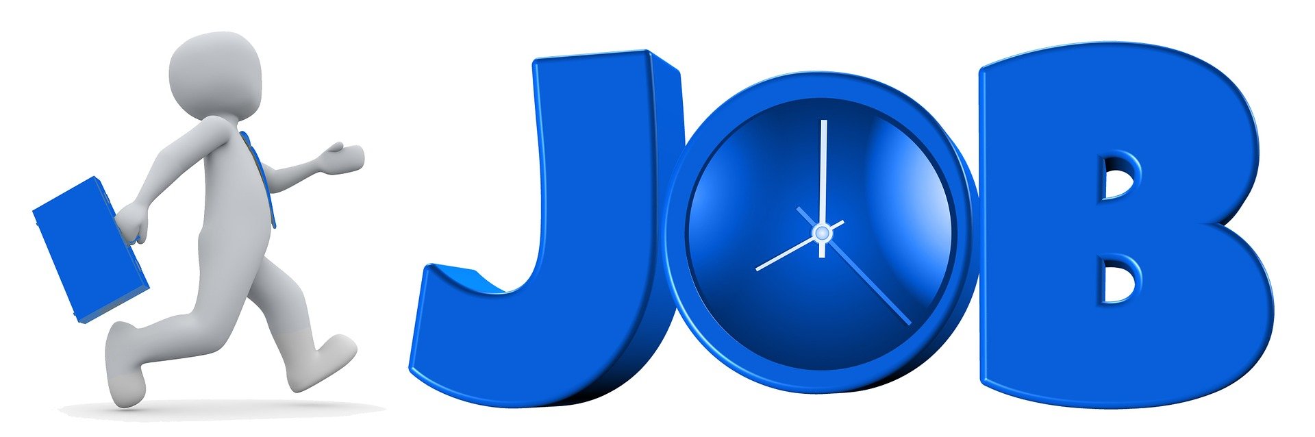 Na zdjęciu znajduje się napis "Praca" w j. angielskim, czyli ""JOB". Napis jest w kolorze niebieskim. Obok grafiki znajduje się biały ludzik z niebieską teczką.