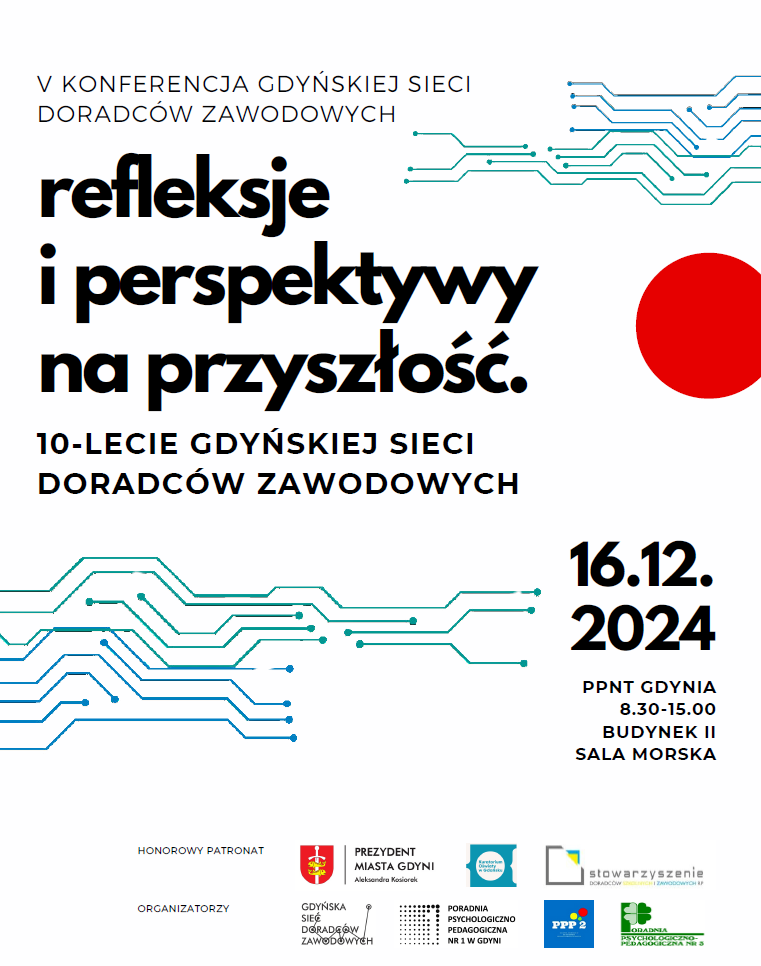 Na zdjęciu znajduje się plakat V konferencji doradców zawodowych. Na białym tle są niebieskie linie i czarne napisy przedstawiające tytuł oraz czerwona kropka.