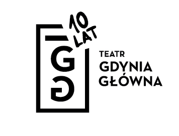 Na zdjęciu znajduje się logo Teatru Gdynia Główna. Przedstawia prostokąt z logiem. Logo jest biało czarne