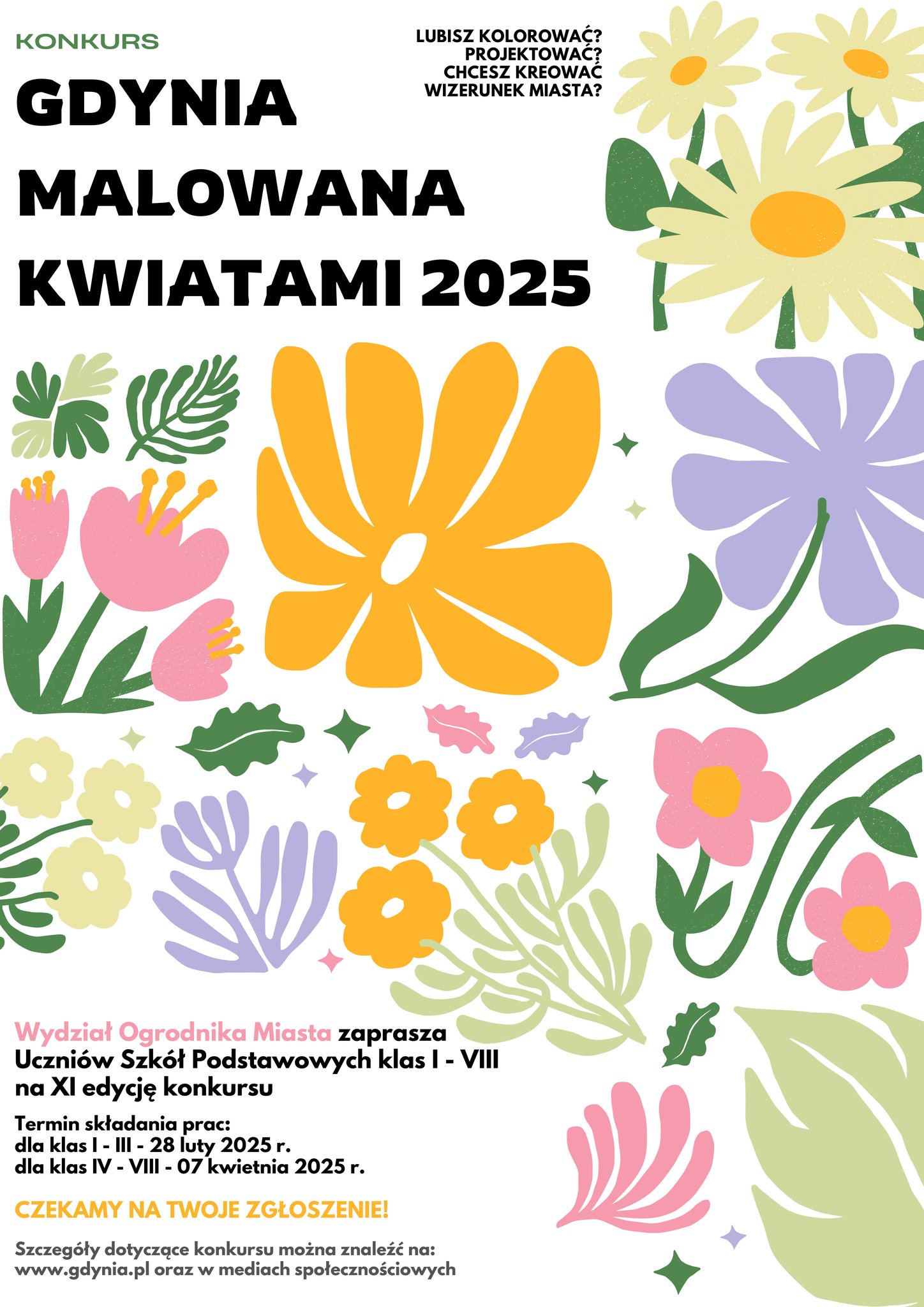 Na zdjęciu znajduje się kolorowa grafika konkursu "Gdynia kwiatami malowana".Na białym le znajdują się kwiaty i napisy promujące konkurs. 