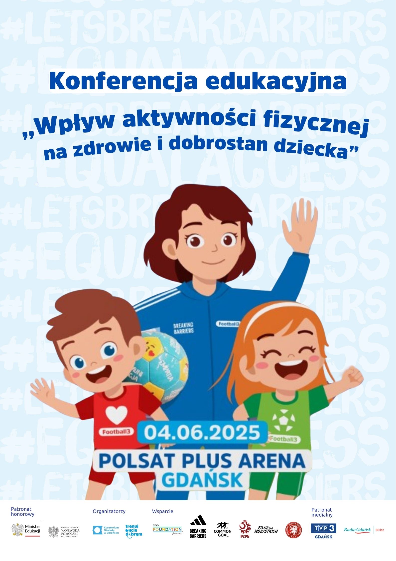 Grafika konferencji o wpływie aktywności fizycznej na dobrostan dzieci.
